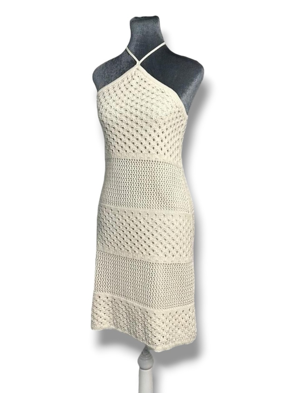 Old Navy Crochet Knit Halter Neck Tie 100% Cotton Cream White Mini Dress S